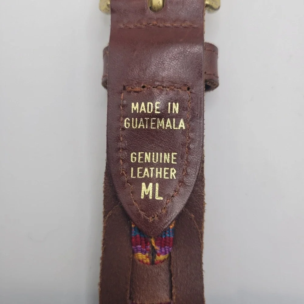 Brown Leather Belt Lg Woven Colorful Fabric Boho Folk Artisan Ethnic Guatemala
